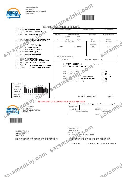 USA Florida Seco Energy business utility bill template in Word and PDF formats